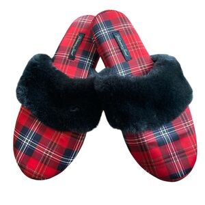 Victoria's Secret Red Plaid Slippers with Black Faux Fur